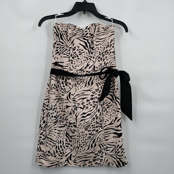 H&M Strapless Sweetheart Cheetah Tie Waist Cocktail Mini Dress 8 Women Cream - Picture 1 of 10